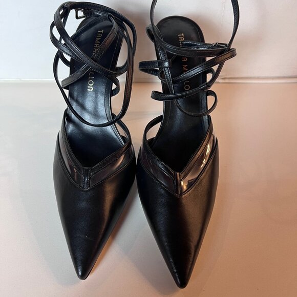 Tamara Mellon Forever Strappy Sling Black Leather Pointed Toe Heels Sz 37 (6.5) - Picture 1 of 6